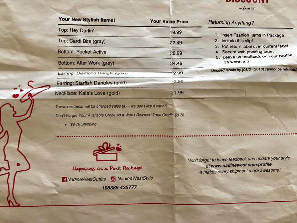 nadine west packaging slip